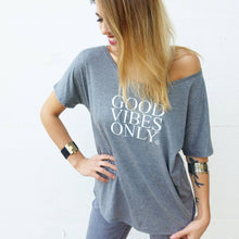 Load image into Gallery viewer, GOOD VIBES ONLY, Gray Off Shoulder, Good Vibes Only Tee, Good Vibes Shirt, Good Vibes Only Top, Good Vibes Tshirt