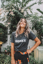 Load image into Gallery viewer, HONEY Tee, Vintage Charcoal Tee, Honey tshirt, Honey Tshirts, Yellow Tops, Retro Be Kind, Be Kind Tees, Kindness Tops. HONEY
