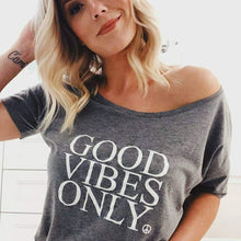 Load image into Gallery viewer, GOOD VIBES ONLY, Gray Off Shoulder, Good Vibes Only Tee, Good Vibes Shirt, Good Vibes Only Top, Good Vibes Tshirt