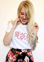 Load image into Gallery viewer, PEACE &amp; LOVE Tee, Red Ink, Peace Tee, Love Tee, Peace and Love, Valentine&#39;s Day Tshirts, Heart Shirts, Peace and Love, Love Tshirts