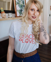 Load image into Gallery viewer, PEACE &amp; LOVE Tee, Red Ink, Peace Tee, Love Tee, Peace and Love, Valentine&#39;s Day Tshirts, Heart Shirts, Peace and Love, Love Tshirts