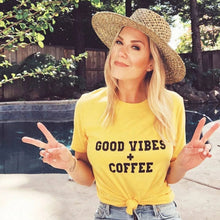 Load image into Gallery viewer, GOOD VIBES + COFFEE Yellow Gold Tee, Good Vibes, Good Vibes Only, Coffee tee, Coffee shirt, Coffee gifts, Coffee Tshirts