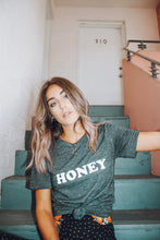 Load image into Gallery viewer, HONEY Tee, Vintage Charcoal Tee, Honey tshirt, Honey Tshirts, Yellow Tops, Retro Be Kind, Be Kind Tees, Kindness Tops. HONEY