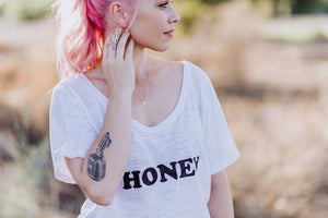 HONEY Tee, White Honey tshirt, Honey Tshirts, white tee, HONEY shirt