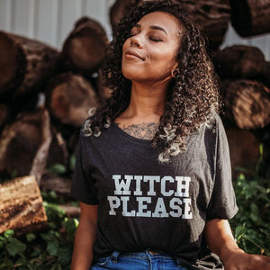 WITCH PLEASE, Gray Off Shoulder, Witch Please, Witch Please Tee, Witch Tees, Witchy Tshirts, Witch Please Shirts, Witch Tshirts